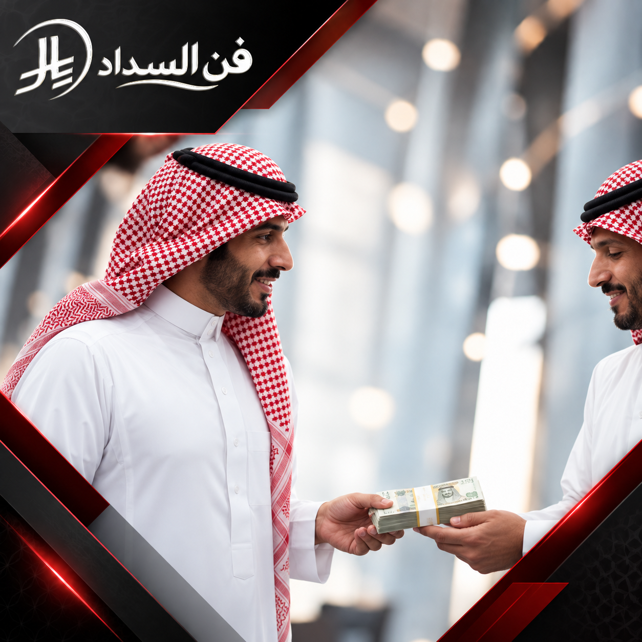 مكاتب تسديد القروض المعتمدة في جدة 0537948940 مكتب فن السداد صورة توضح تسليم مبلغ مالي بين شخصين في إطار خدمة أو تعامل تجاري.