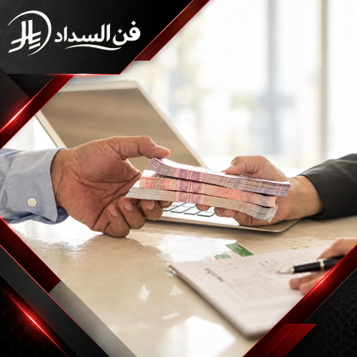 شركة تسديد القروض في حفر الباطن 0537948940 مكتب فن السداد صورة توضح تسليم مبلغ مالي بين طرفين ضمن معاملة مالية أو اتفاق تجاري.