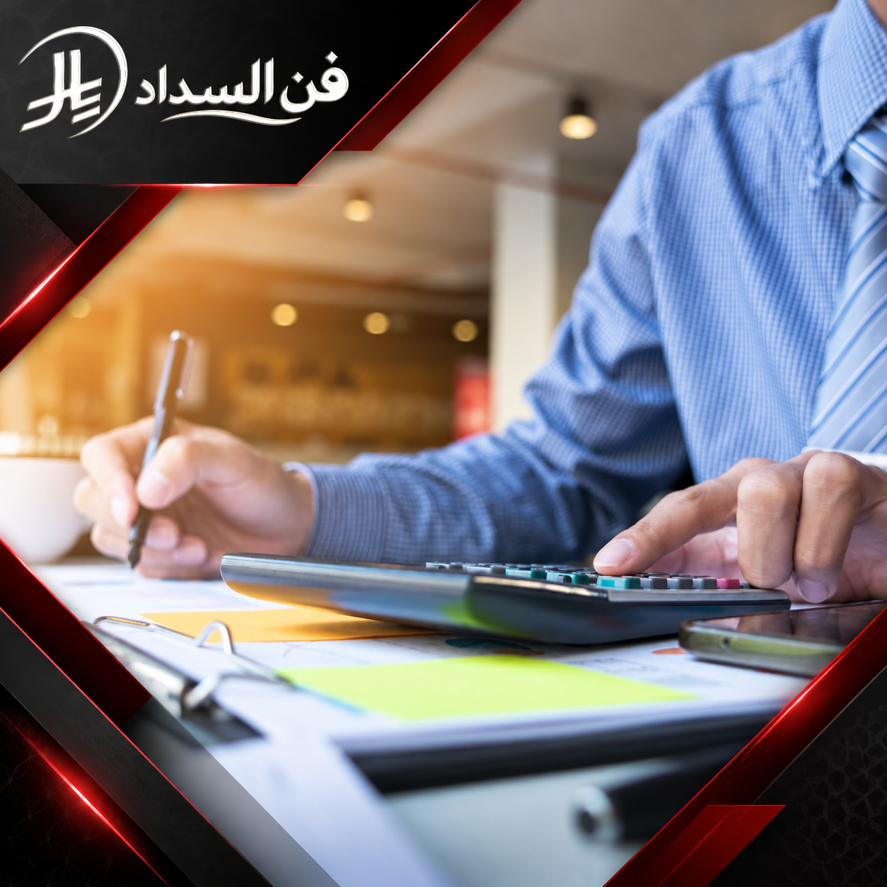 تسديد قروض الراجحي في مكة 0537948940 مكتب فن السداد صورة توضح شخصًا يقوم بالحسابات المالية باستخدام آلة حاسبة ومستندات في بيئة عمل.