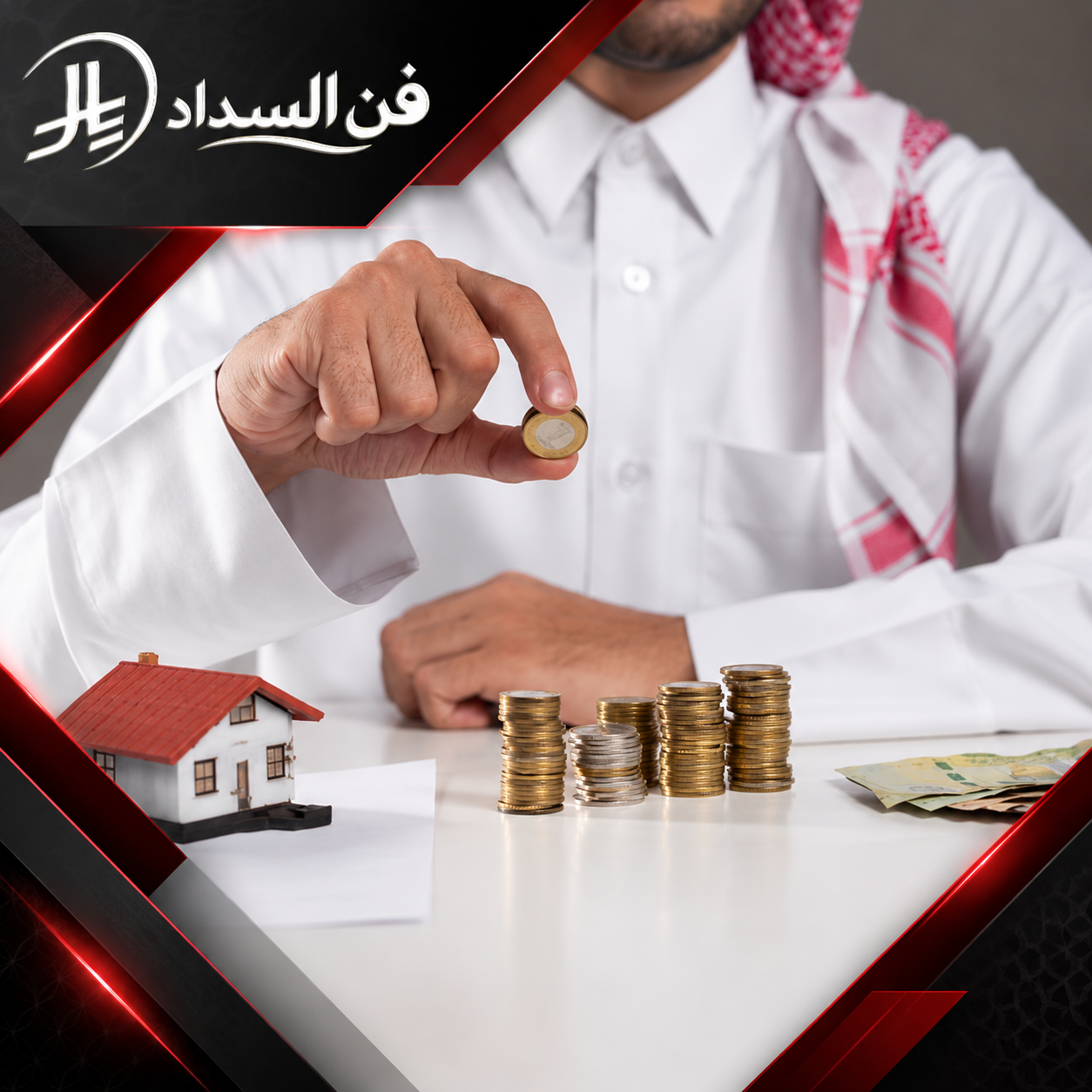 توحيد الالتزامات المالية في تمويل واحد بحفر الباطن 0537948940 مكتب فن السداد صورة توضح حساب الأموال والادخار مع عملات ومجسم منزل، ترمز إلى التمويل والاستثمار العقاري.