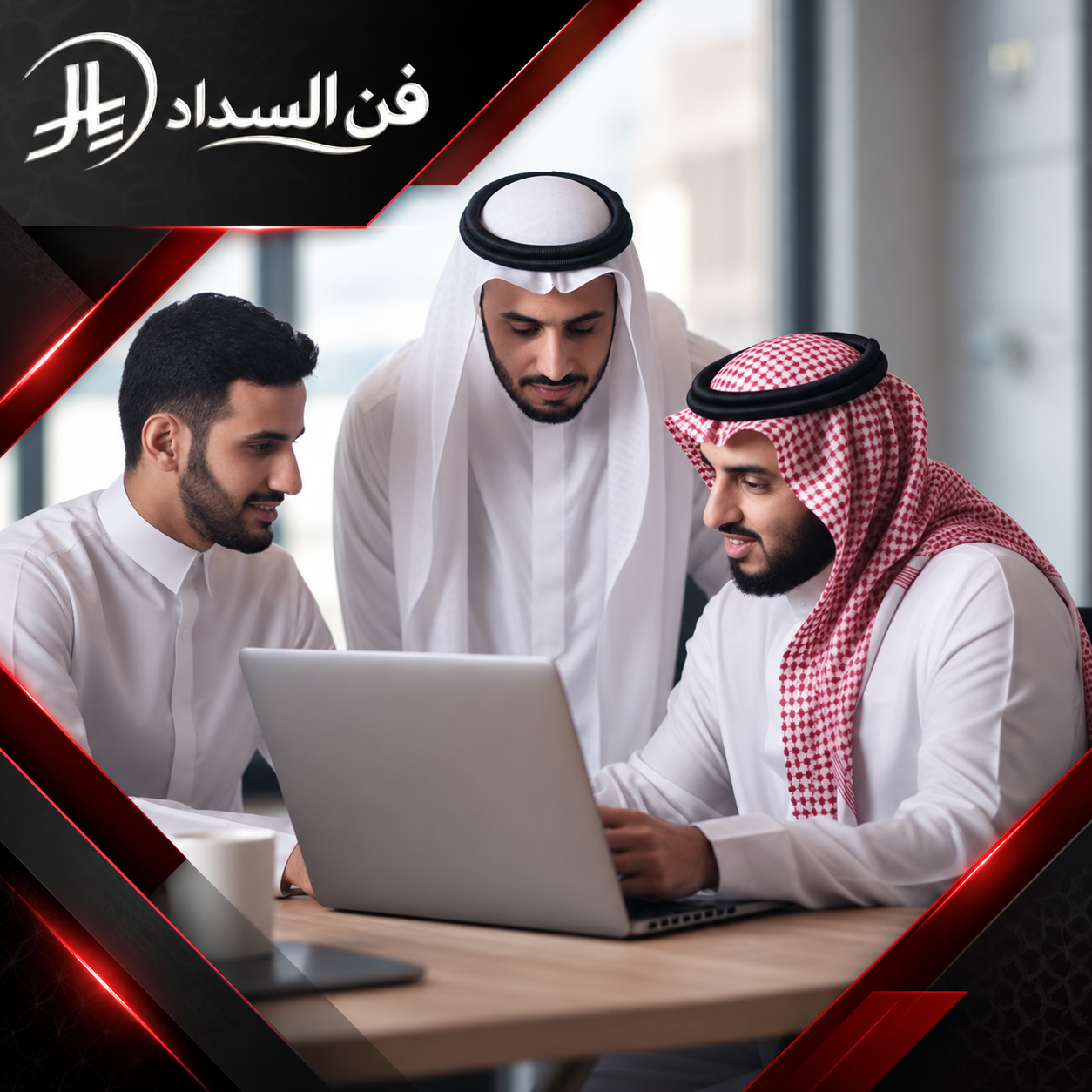 حلول تمويل العسكريين وموظفي الجهات الحكومية بحفر الباطن 0537948940 شركة فن السداد صورة توضح اجتماع عمل بين أشخاص خليجيين لمناقشة أعمال أو حلول باستخدام الحاسوب.